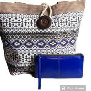 Geometric Print Tote Shoulder Bag Beach Bag & Faux Leather Wristlet Blue Taupe
